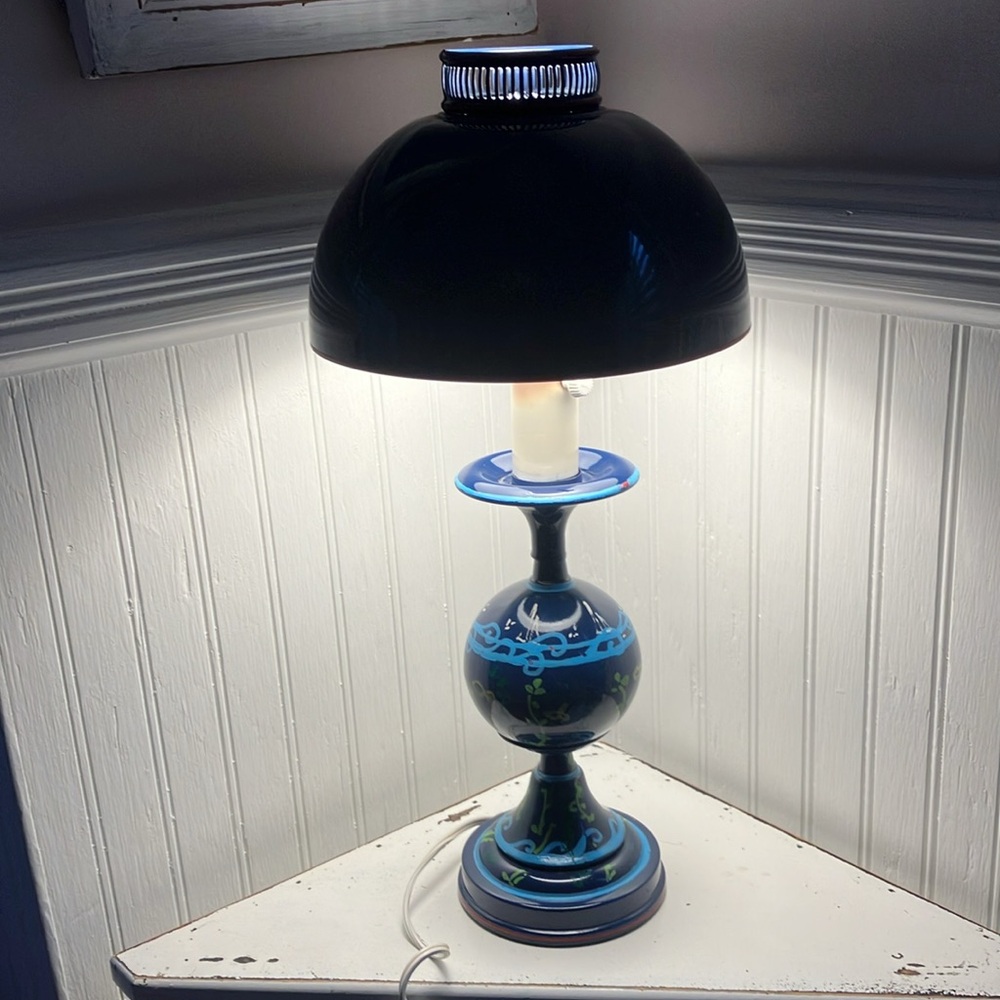 Vintage Metal Lamp With Hand Painted Designs & Pop On Metal Lampshade